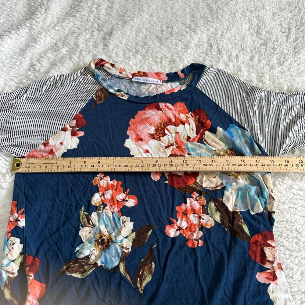 Chris & Carol Floral & Striped Raglan‎ Top Women's Large L Navy Pink Made in USA - Picture 6 of 9